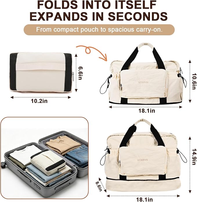 Foldable Travel Bag for Women, Expandable 28L-40L Lightweight Personal Item Carry On Bag, Packable Duffel Bag, Weekender Overnight Travel Tote, Collapsible Luggage Bag, Cream White - Image 3
