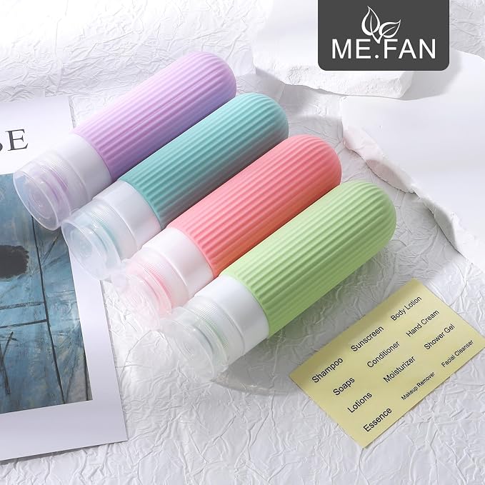 ME.FAN Travel Bottles for Toiletries, TSA Approved 3oz Silicone Journey Size Containers, Portable Split Bottle for Conditioner, Shampoo, Lotion- 4 Pack Bright - Image 7