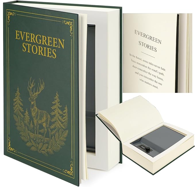 UWILLION Large Decorative Book-Shaped Lockable Storage Box with Combination Lock, Home and Office Organizer for Small Personal Items, Evergreen Stories, 10.82 x 7.67 x 1.77 Inches by UWILLION