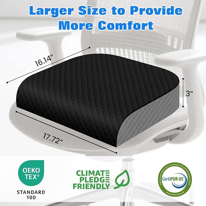 Seat Cushion, Office Chair Cushion, Chair Pad, Large, Black, Large | Memory Foam, Washable Cover, Non-slip Bottom, Portable Handle, for Office, Home and Car - Image 2