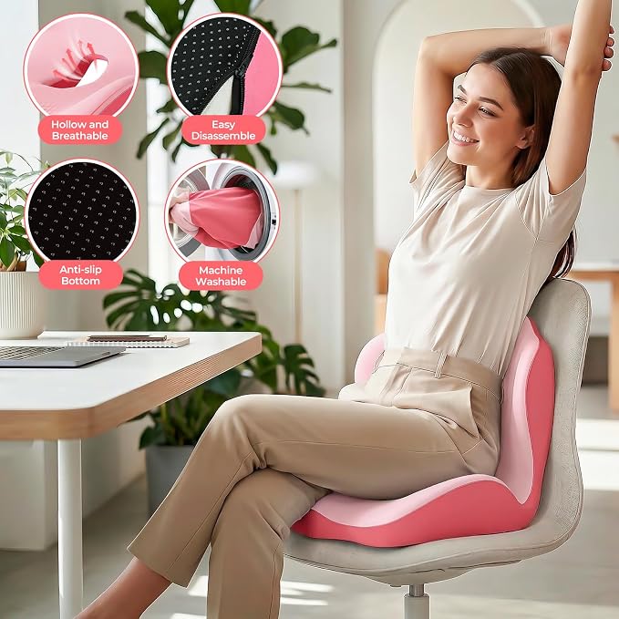 Memory Foam Seat Cushion with Lumbar Support Pillow for Truck Driver, Ergonomic L-Shaped Car Seat Cushion for Tailbone Pressure Relief, Non-Slip Chair Pad for Long Driving (Pink) - Image 3