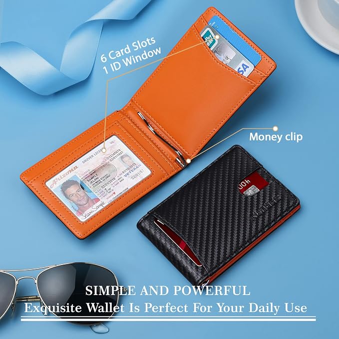 RUNBOX Slim Wallets for Men with RFID Blocking & Minimalist Mens Front Pocket Wallet Leather Black&inner Orange - Image 7