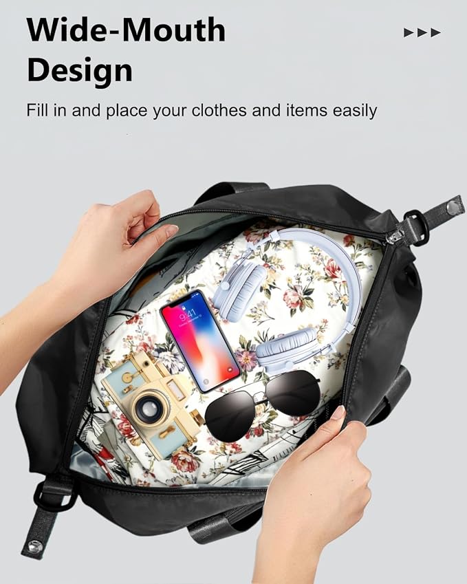 Foldable Travel Duffel Bag for Women, Black | 40L Expandable Water-Resistant Carry on Bag, Personal Item Travel Bag Flight Approved with Wet Pocket for Gym Travel, Nylon - Image 7