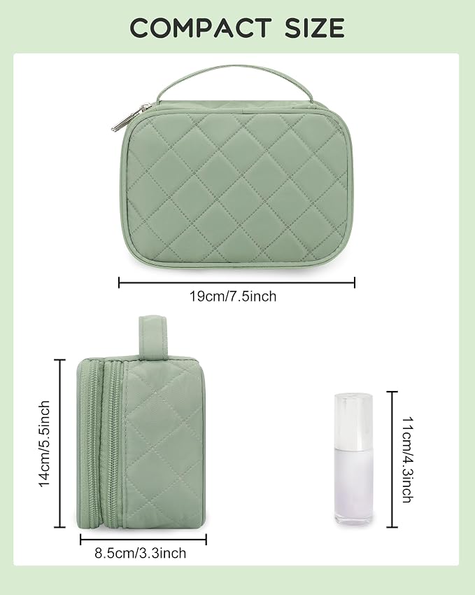 Relavel Travel Makeup Bag, Cosmetic Bag for Girls with 2 Makeup Brush Holders, Portable Makeup Pouch for Women, Cute Toiletry Bag with Double Layer Organizer - Green | Compact Makeup Pouch for Short Trip, Cute Toiletry Bag with Double Layer Organizer -... - Image 2