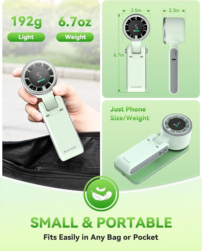 PlayHot Portable Handheld Turbo Fan, Travel Essentials, Gifts for Women/Men | 5-Speed, Up to 12H, 10m/s Airflow, USB-C Rechargeable, LED Display, 3-in-1 Foldable Personal Fan for Cruise, Beach, Vacation - Image 6