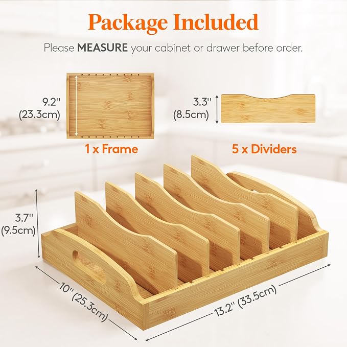 Lifewit Bamboo Lid Organizers for Inside Cabinet with 6 Sections | Food Container Lid Holder with 5 adjustable Inserts, Kitchen Pantry organizer and storage, Large, 13.2" x 10", Natural - Image 2