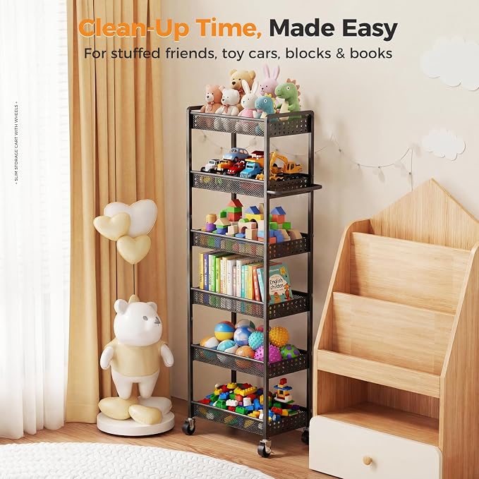 6 Tier Slim Storage Cart with Wheels, 10" D Rolling Storage Cart for Small Space, Metal Narrow Spice Cabinet Mobile Shelving Unit Organizer with Handle for Kitchen, Laundry - Black - Image 7