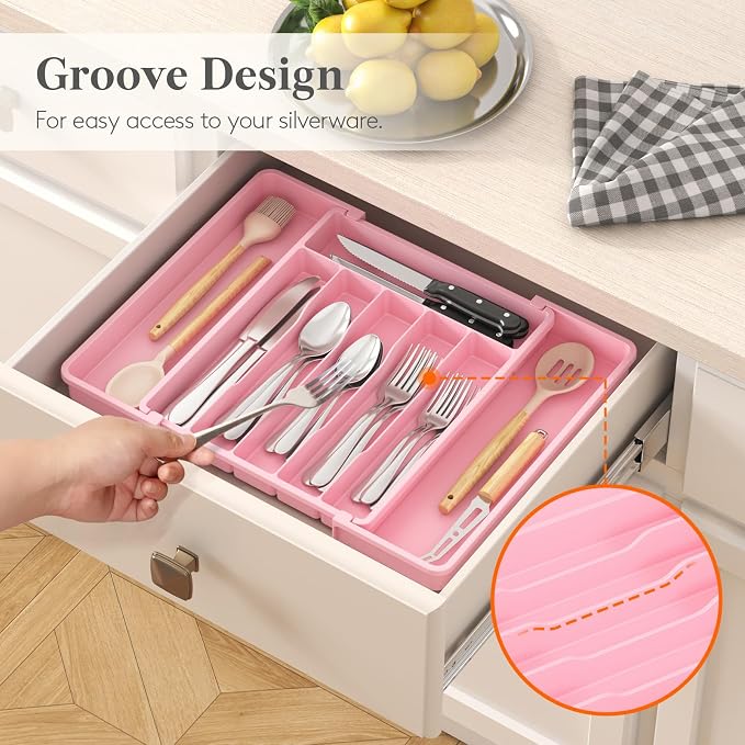 Lifewit Expandable Silverware Drawer Organizer, Kitchen Utensil Tray | BPA-free Plastic Flatware Cutlery Holder, Space-Saving Storage for Spoons Forks Knives, 11-18 x 14 x 1.5“, Pink - Image 8