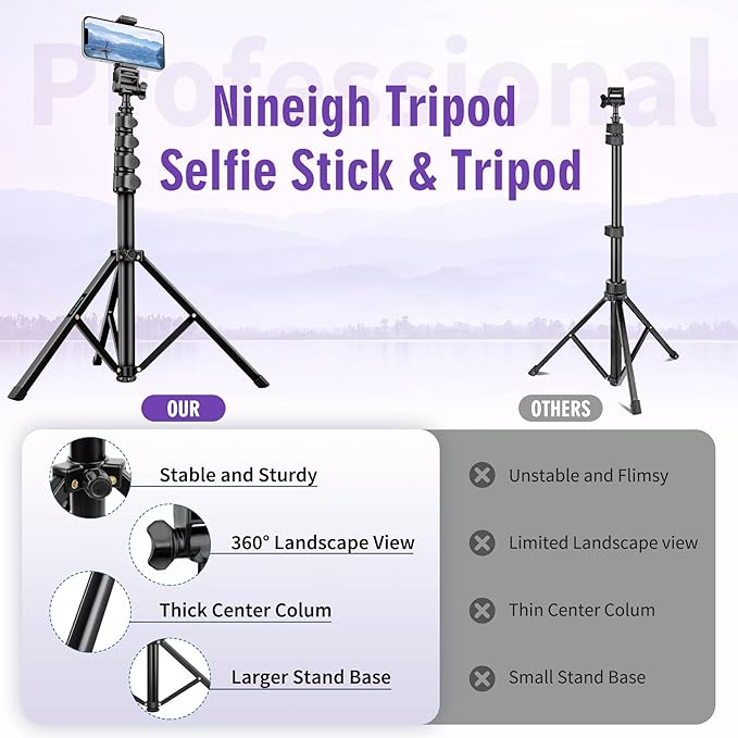 80" Phone Tripod, Selfie Stick, Aluminum Cellphone Tripod Stand | for Video Photo Vlog, Travel Tripods with Gooseneck Remote Phone Holder, Compatible with iPhone Android Smartphone - Image 8