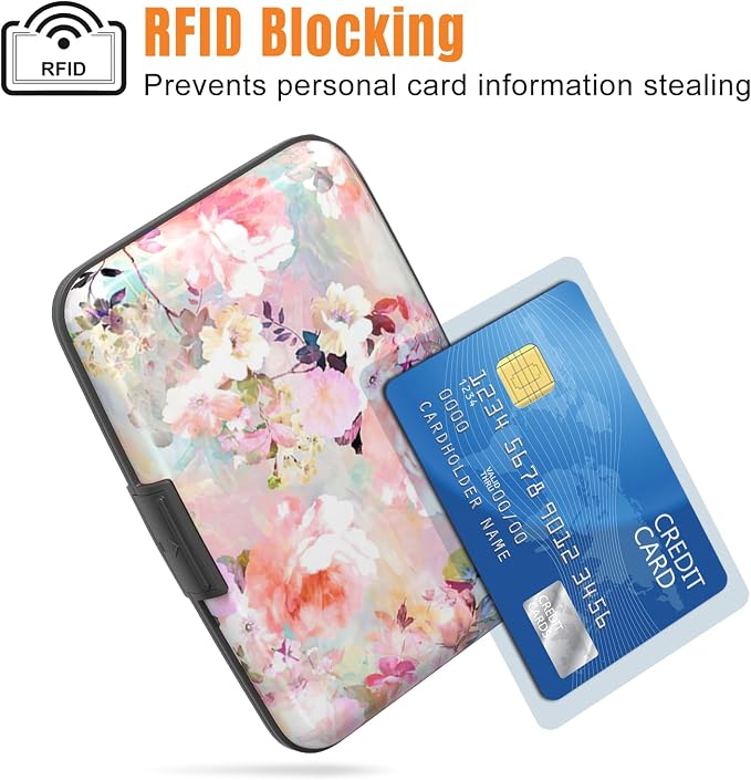 Rimilak Aluminuml Credit Card Holder,Pink Flower | Mini Credit Card Wallet RFID Blocking Slim Metal Hard Case for Women Men - Image 2