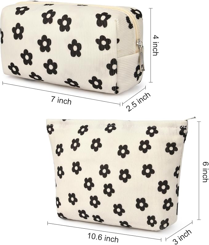 SOIDRAM 2 Pcs Makeup Bag Large Cosmetic Bag Toiletry Bag Makeup Pouch Travel Bag Organizer Cute Makeup Brushes Aesthetic Accessories Storage Bag for Women Black Floral Corduroy - Image 4