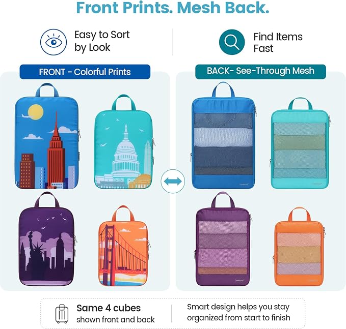 Cambond Compression Packing Cubes for Travel Women - City Landmarks Pattern | 4 Set Keep Clothes Sorted, See Through Mesh, Compression Zip Design, Lightweight, Luggage Space Tidy, Carry on Packing Fast - Image 3