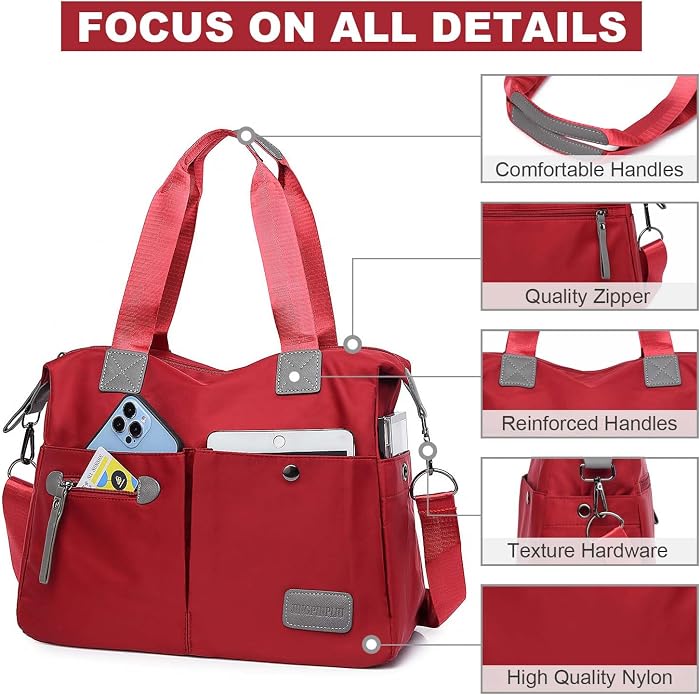 Tote Bag for Women,Multi Pockets Shoulder Handbag,Nurse Bag for Work,Large Cross body Purse,Fashion Nylon Top Handle Satchel - Image 5