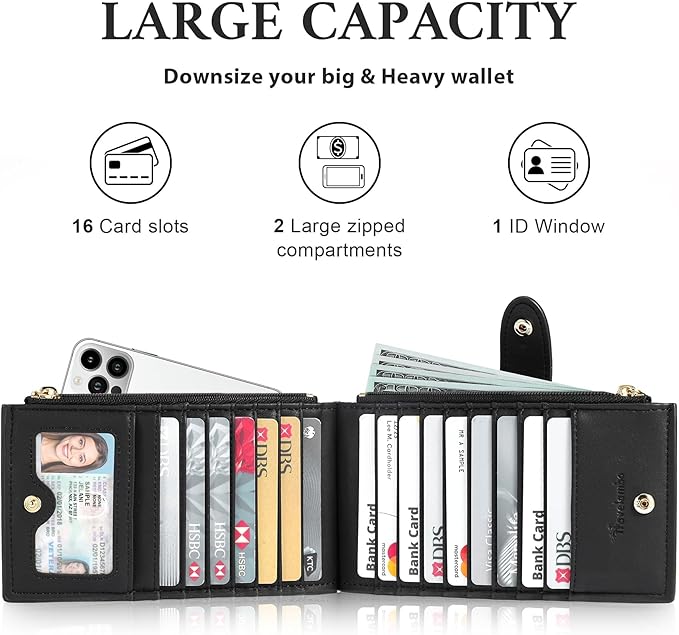 Travelambo Womens Leather Bifold Wallet, Slim RFID Blocking Card Holder | Large Capacity, 16 Card Slots & ID Window, 2 Zipper Pockets, Dual Snap Closure, Slim Lightweight, RFID Privacy Protection - Image 6