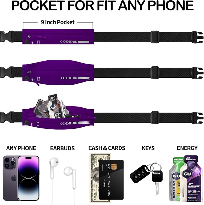 USHAKE Slim Running Belt for Women Men-Runners Phone Holder Fanny Pack, Adjustable, Bounce Free Waist Pouch bag for Workout, Money Belt, Run Gear Accessories Purple - Image 3