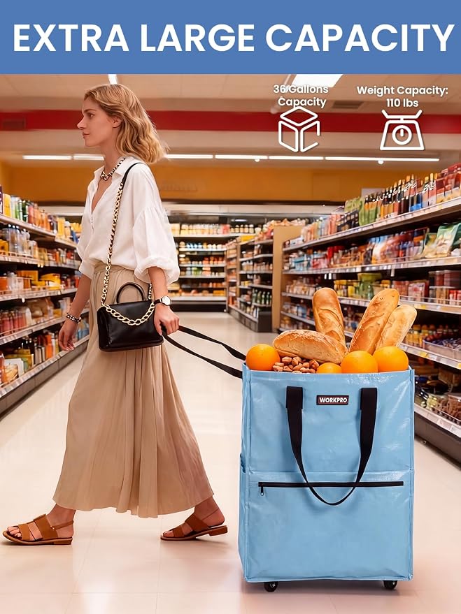 WORKPRO Large Rolling Grocery Bag, 36-Gallon Rolling Tote with 5 Wheels | Reusable Grocery Bag on Wheels, Holds Up to 110 lbs, Heavy Duty Rolling Tote for Groceries, Laundry, Moving & Back to School - Image 4