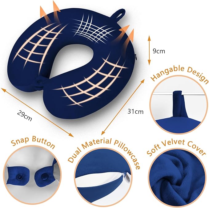Travel Pillow, Memory Foam Neck Pillow for Traveling, U Shape Airplane Portable Flight Pillow Adult Travel Neck Pillow for Plane Train Car Home Office (Dark Blue) - Image 5