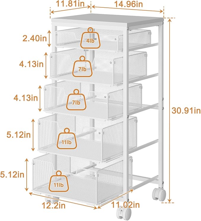 Kitchen Storage Cart with Wheels, 5-Tier Fruit Vegetable Storage Cart, Kitchen Organizer and Storage Cart with Drawers, Wooden Top Metal Wire Pantry Storage Cart for Fruit Snack Onion Potato, White - Image 8