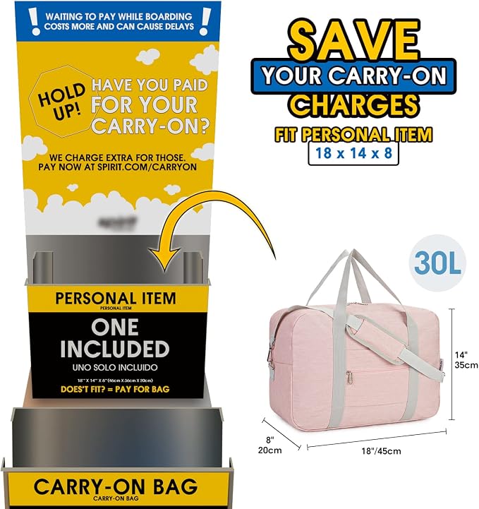 For Spirit Airlines Personal Item Bag 18x14x8 Foldable Travel Duffel Bag Tote Duffle Carry on Luggage for Women and Men 30L (Pink (With Shoulder Strap)) - Image 2