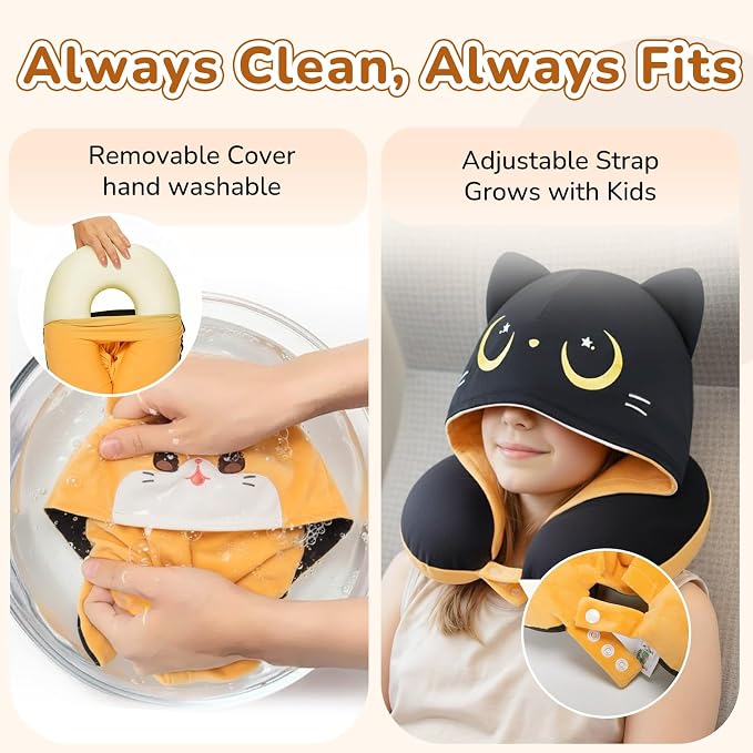 Mewaii Kids Travel Neck Pillow, Airplane Pillow with Hood, Orange | Memory Foam, Neck Support, Reversible, Adjustable Strap, Washable Cover, Cat Ear Hood, for Flights, Cars, Kids & Teens - Image 8