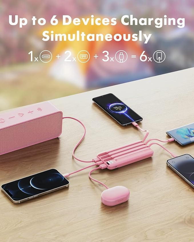 charmast Portable Charger with Built-in Cables X 4, Portable Phone Charger | 10000mAh USB C Battery Pack for All Phones Tablets,Cables Reinforced,Charge 6 Devices at Once,for Women Teens Students - Image 3