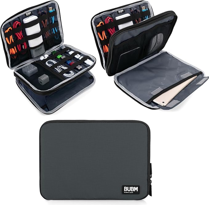 BUBM Double Layer Electronics Organizer, Travel Gadget Bag for Cables, Memory Cards, Flash Hard Drive and More, Fit for iPad or Tablet(up To 9.7")--Large, Gray | Travel Gadget Bag For Cables, Memory Cards, Flash Hard Drive and More, Fit For iPad or Tab... by BUBM