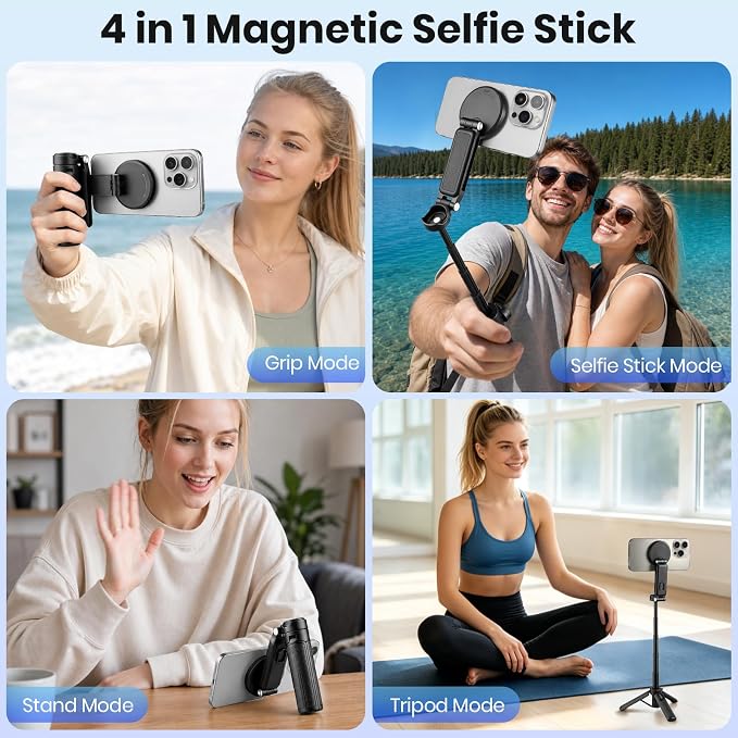 4-in-1 Magnetic Selfie Stick, Pocket Size 360° Rotation Phone Tripod | With Wireless Remote and Metal Ring, Extendable Cell Phone Stand Camera Grip Handle for Video Recording Travel Live Streaming - Image 2