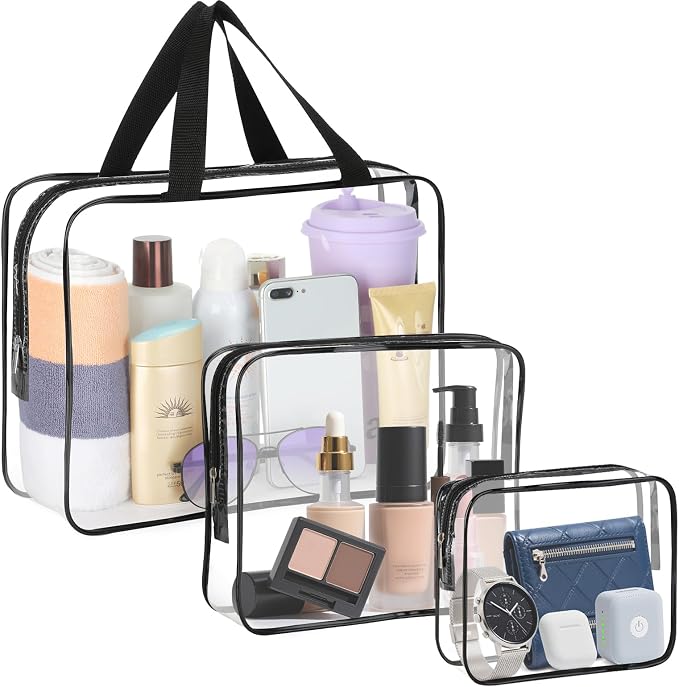 HAOGUAGUA 3 Pieces Large Clear Travel Bags for Toiletries, Waterproof Clear Plastic Cosmetic Makeup Bags, Transparent Packing Organizer Storage Bags (Black) - Image 2