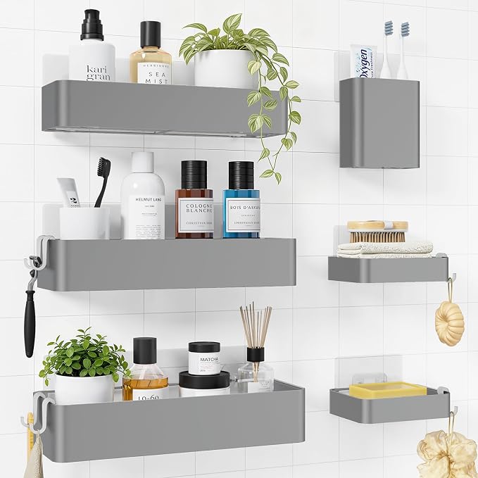 Kitsure Large Shower Caddy - Adhesive 6-Pack Bathroom Shelves, Silver | No-Drilling Rustproof Shelves with Soap Holder, Toothbrush Holder, 6 Hooks, Stylish Bathroom Organizers and Storage Solution by Kitsure