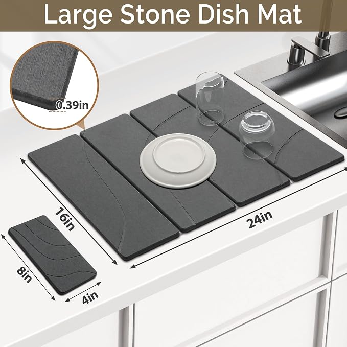 Large Stone Dish Drying Mat for Kitchen Counter, 2 PCS Quick Dry Stone Mats, Foldable Water Absorbing Diatomaceous Earth Drying Dishes Pad for Countertop Bottle Utensil Cup(Carved Gray 24"x16"&8"x4") - Image 2