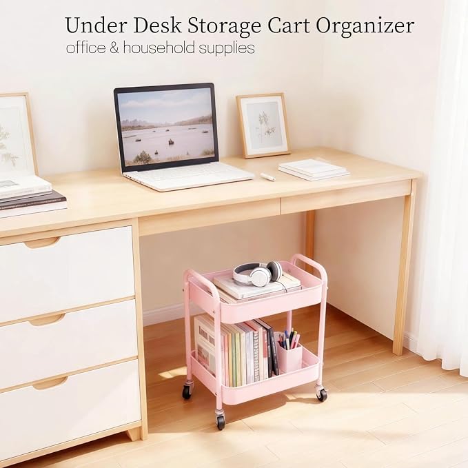 Pink 2 Tier Rolling Cart Metal with Wheels Under Desk Storage Cart for Small Space Organization, Small Trolley for Pantry Room Laundry Bathroom Kitchen Office Art Snack Baby Supplies - Image 2