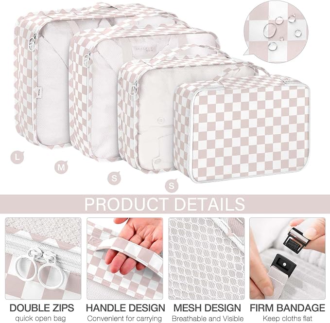 KPX 8 Set Packing Cubes for Travel, Luggage Packing Organizers Accessories Large Toiletries Bag for Clothes Shoes Cosmetics (8Set-Nude Pink Plaid) - Image 3