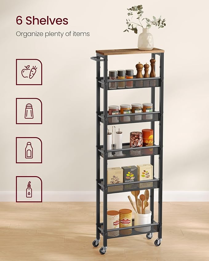 VASAGLE Slim Storage Cart, 6-Tier Rolling Utility Cart, Skinny Shelf for Kitchen Pantry, Narrow Bathroom Organizer, 17.9 x 5.9 x 51.7 inch, Rustic Brown and Matte Black, Dacey Collection ULRC038K101 - Image 5
