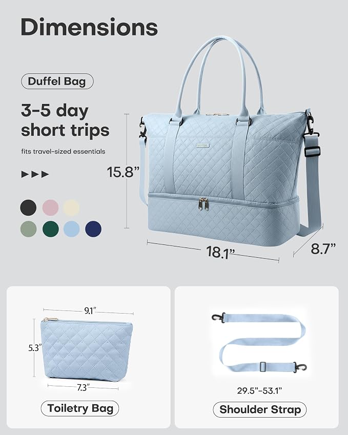 HOTOR Travel Duffel Bag - Weekender Bags for Women, Carry On Gym Tote Bags | with Toiletry Bag & Shoe Compartment, Overnight Bag for Travel Essentials and Travel Accessories, Blue, 15.8"×18.1"×8.7" - Image 4