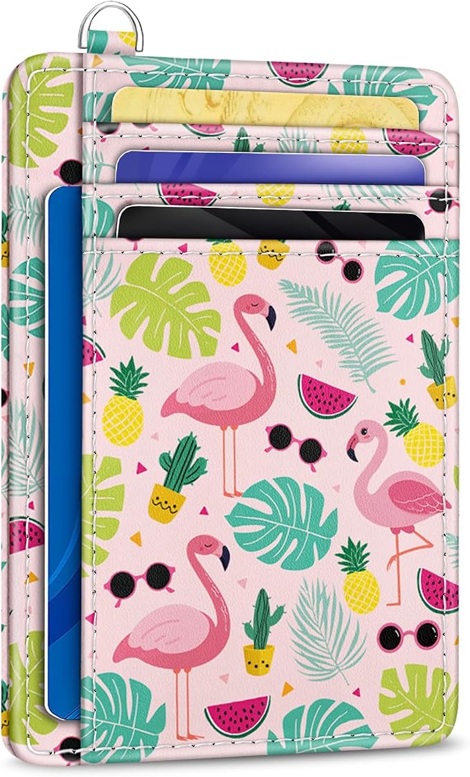 Yonlevres Flamingo Credit Card Holder Slim Wallet Women RFID Blocking Small | Front Pocket, Handy, RFID Blocking, Woman Girls Ladies Gifts, D-ring for Keychain,Thin Mini Card Case, ID Window, PU Leather by Yonlevres
