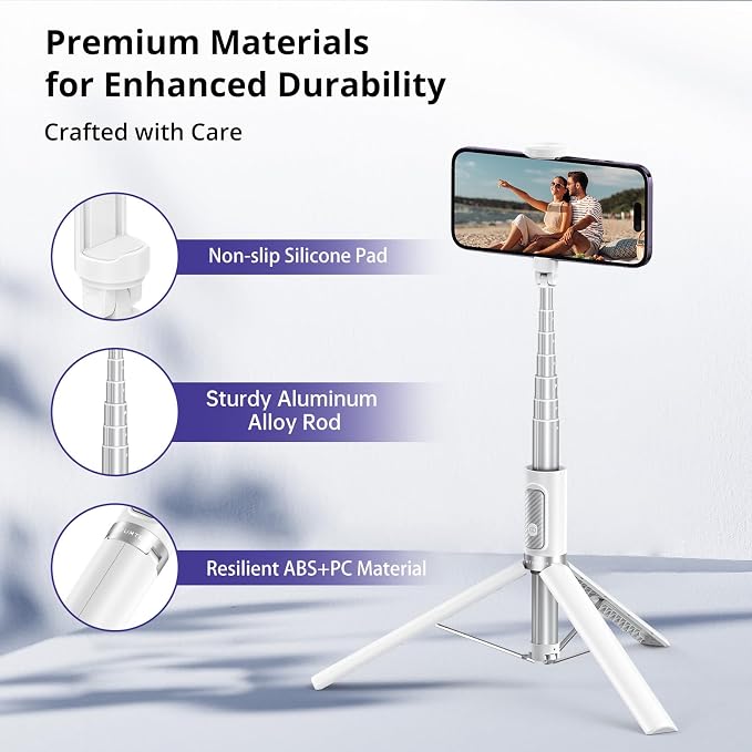 ATUMTEK 68.5" Selfie Stick Tripod, Extendable Aluminum Tripod with Rechargeable Bluetooth Remote, Compatible with iPhone and Android Smartphones, Perfect for Travel, Vlog, Video and Photo, White - Image 7