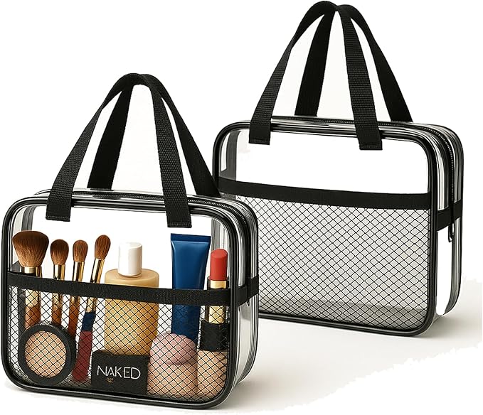 XEWEA 2PCS TSA Approved Clear Travel Toiletry Bags For Men Women, | Transparent Makeup Cosmetic Bag, Handle Zipper, Waterproof PVC, Quart Organizer Pouch for Airport Airline, Black by XEWEA