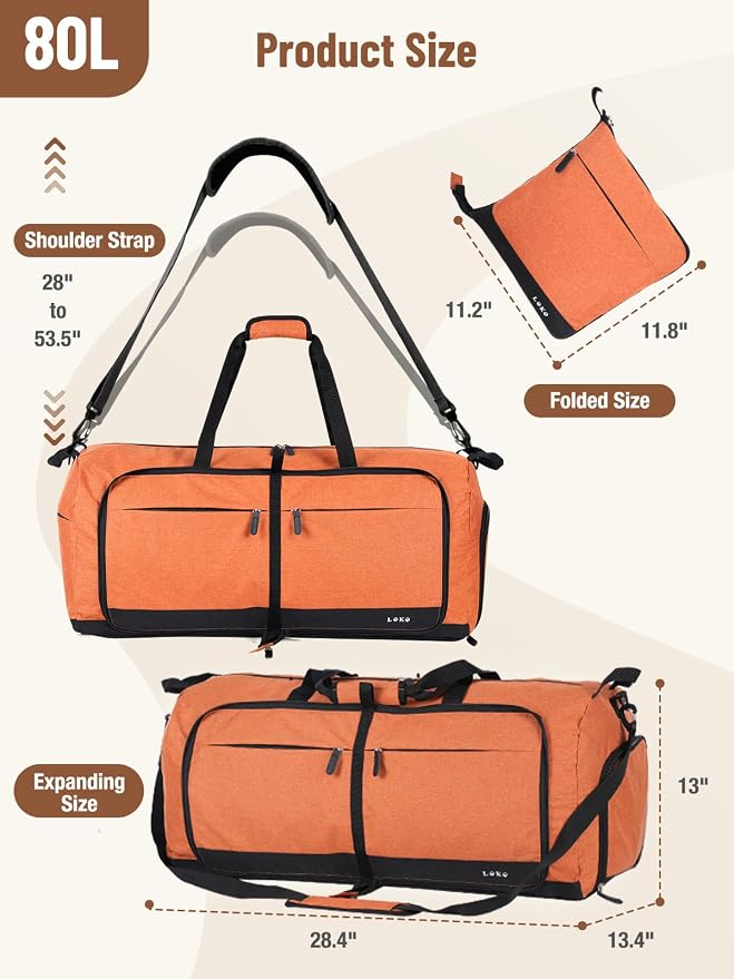 Lekesky Foldable Travel Duffel Bag for Women, 80L Large Duffle Bag with Separate Shoes Compartments & Straps, Carry On Weekend Bag for Women, Hospital, Overnight(Orange) - Image 3