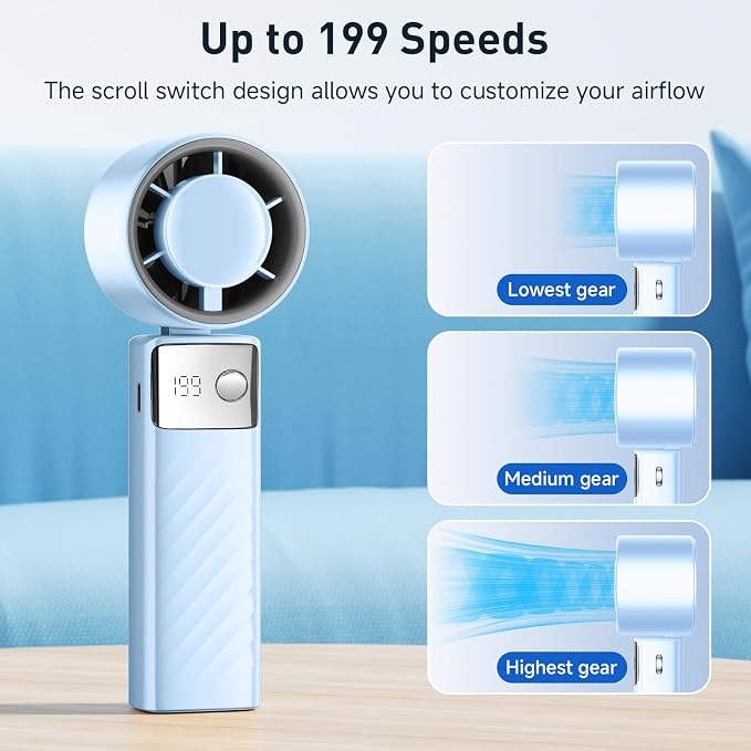 YOSHENMO Portable Handheld Turbo Fan - Foldable Mini Fan with Air Turbo Tech, 1-199 Speed Adjustment, 20H Runtime, LED Display, Battery-Powered for Indoor/Outdoor Use Light Blue - Image 3