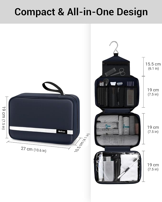 Maliton Toiletry Bag for Men & Women Travel Toiletry Bag Hanging Toiletry Bag Hygiene Organizer with 4 Compartments Waterproof Bathroom Shower Bag Large Toiletries Travel Bag(Black (Navy Blue) - Image 3