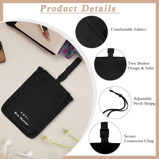 YOYI YOYI RFID Blocking Bra Wallet Neck Strap Hidden Pocket Cash Card | Skin-friendly fabric so thin it disappears inside your bra, RFID blocking keeps cards and cash secure from theft on the go - Image 4