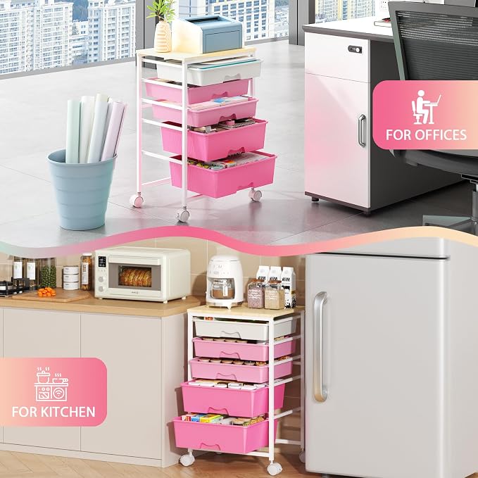Goovilla Rolling Cart with 5 Drawers for Craft, Art, Dorm, Office, Pink | Utility Cart Organizer With 5 Removable Drawers and Wooden Tabletop, Lockable Rolling Storage Organizer for Classroom, Home - Image 9