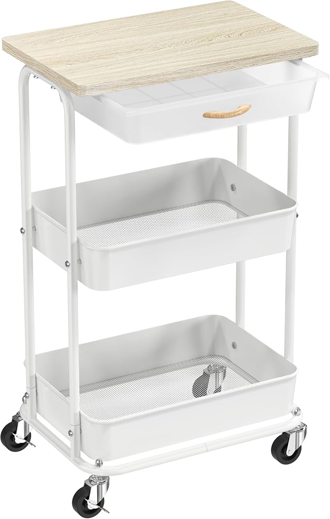 Simple Houseware 3-Tier Rolling Utility Cart with Drawer & Wood Top, Maple | Mobile Sofa Side Table, Nightstand, Slim Storage Organizer Trolley for Bedroom, Bathroom, Office & Art Supplies by SimpleHouseware