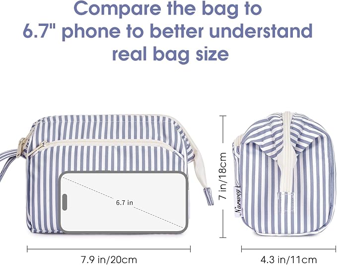 Narwey Striped Wide Open Makeup Bag Women, Travel Toiletry Bag for Women Cosmetic Bag Organizer Make up Bags with Compartments, Gift for Teen Girls (Greyish Blue Stripe) - Image 5