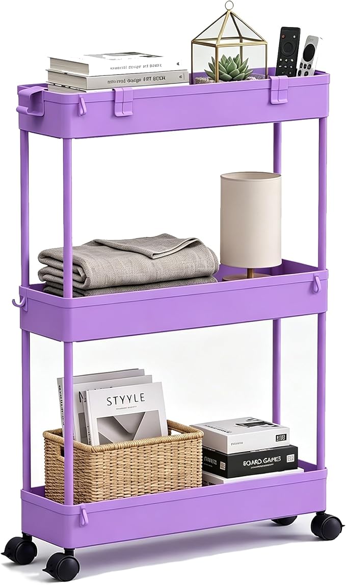 Slim Storage Cart 3 Tier,Bathroom Organizer Rolling Utility,Mobile Shelving Unit Slide Out for Office, Kitchen, Laundry Room & Narrow Places,Purple by Home