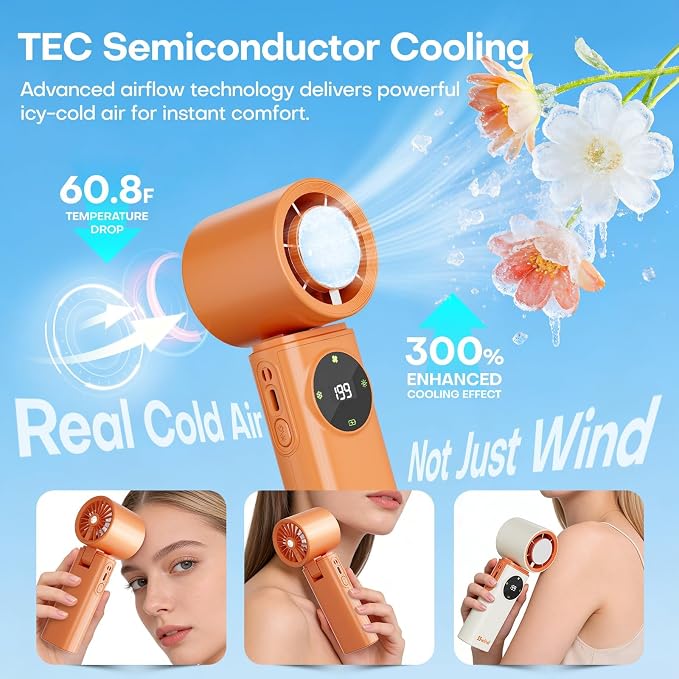 6000mAh Portable Handheld Fan with Ice Cooling, 199 Levels Stepless Speed, 20H Long Battery Life, 20000RPM Turbo Fan Rechargeable Personal Mini Fan for Travel, Outdoor, Makeup (Orange) - Image 2