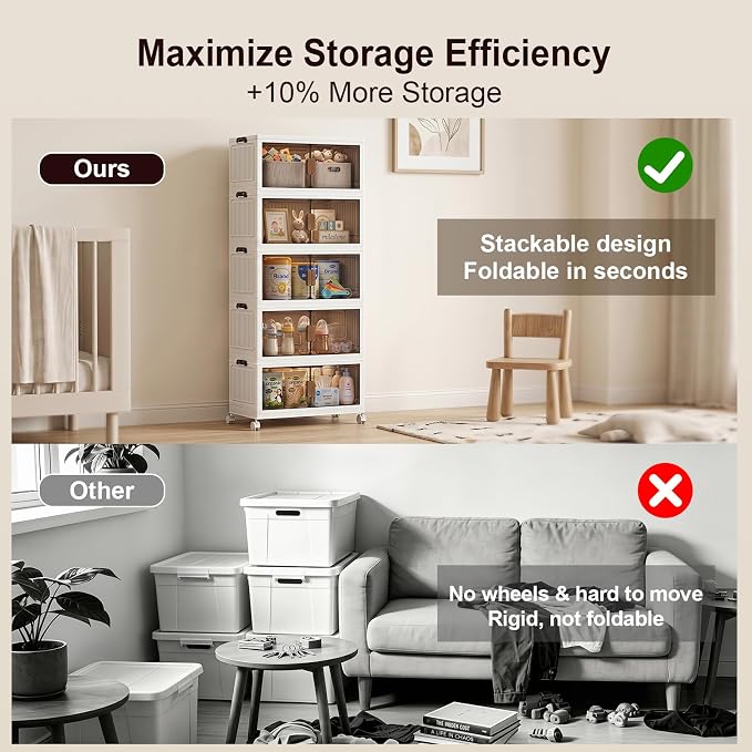 120QT Stackable Storage Bins With Lids, Collapsible Plastic Storage Bins with Wheels and Doors, Foldable Plastic Cabinets for Bedroom Dorm Garage Office Kitchen, 5 Pack - Image 5