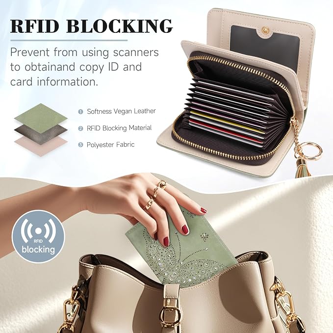 KITEVIUN Women RFID Blocking Small Bifold Wallet, Compact Cash Clutch with Zipper Coin Pocket, Glittery Butterfly Design, Credit Card Holder, Travel Purse with Tassel GREEN - Image 6