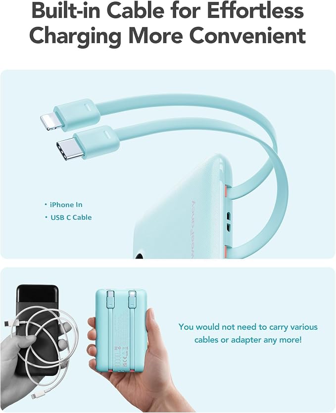 Mini Portable Charger with Built-in Cables 20W Fast Charging Power Bank USB-C Small Battery Pack 10000mAh Travel Essential Slim Battery for iPhone 17/16/15/14, Samsung 25/24, and More | with Built-in Cables Power Bank,USB-C Small Battery Pack Travel Es... - Image 5