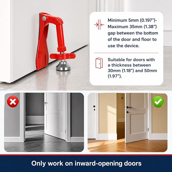Portable Door Stopper Door Lock for Travel Anti Theft Door Blocker, Security Door Stoppers for Bottom of Door, No Drill Safety Doors Stopper Hotel Door Locks for Travelers Security (Red) - Image 7